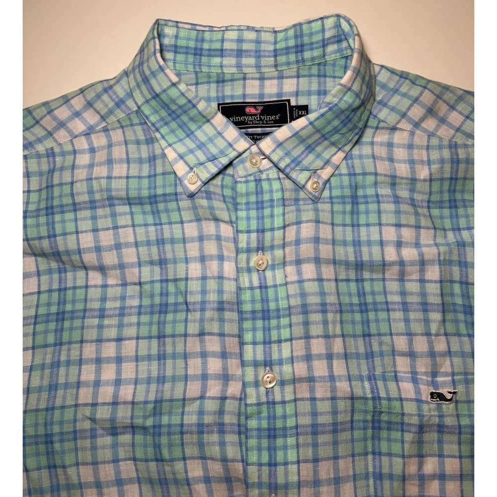 Vineyard Vines 100% Linen Plaid Button Down Shirt | Blue Green White | 2XL